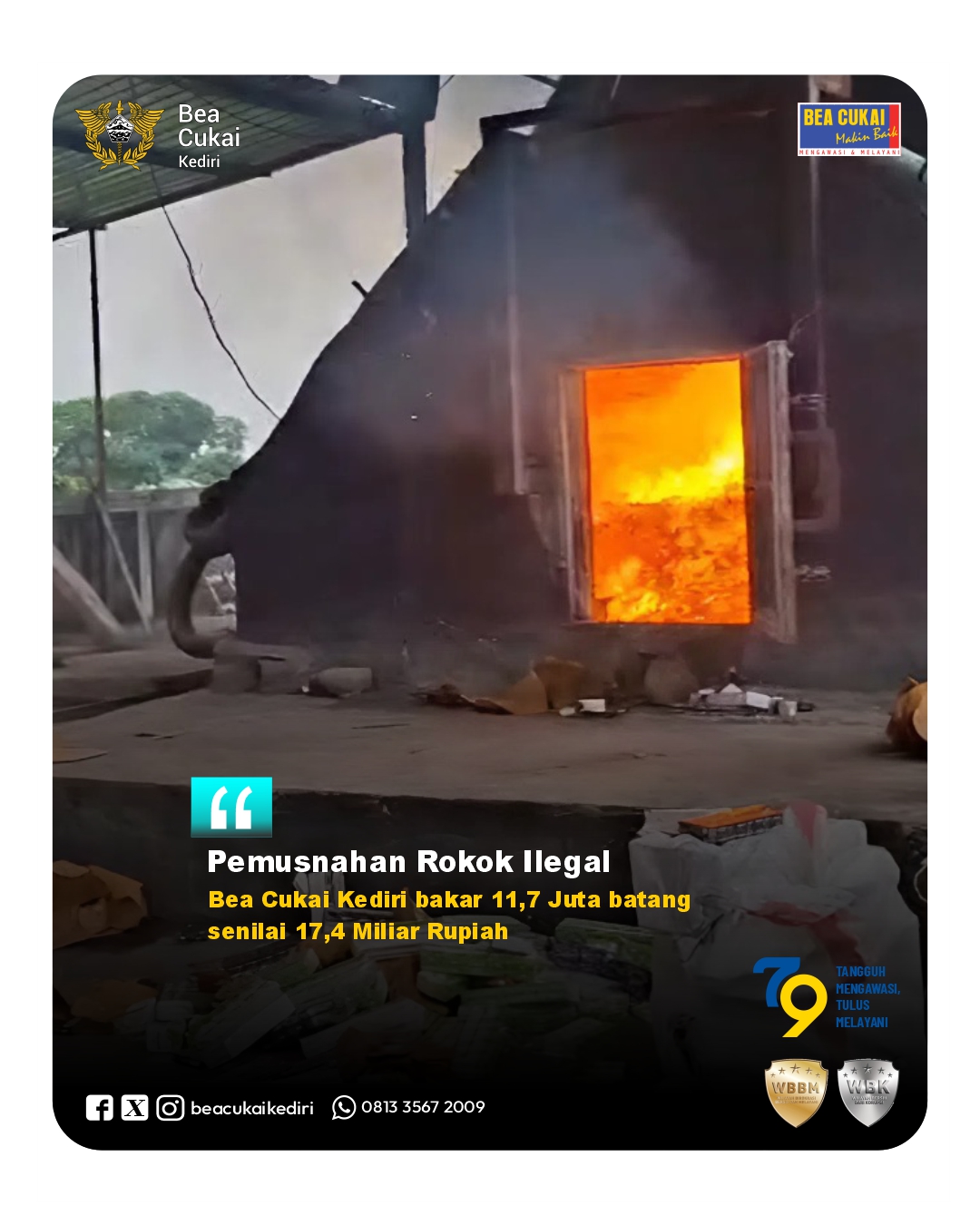 Bea Cukai Kediri Musnahkan 11,7 Juta Batang Rokok Ilegal Senilai Rp 17,4 Miliar di Pandaan