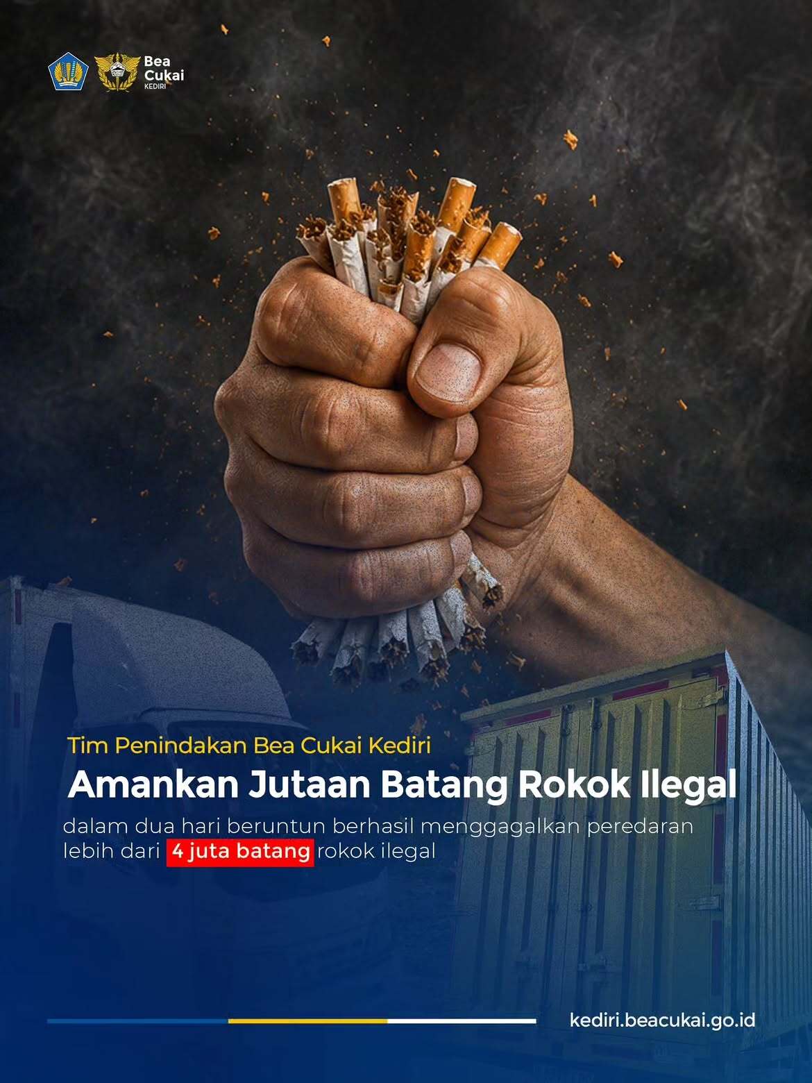 Penindakan Barang Kena Cukai Ilegal Beruntun, Bea Cukai Kediri Gagalkan Peredaran Lebih dari 4 Juta Batang Rokok Ilegal